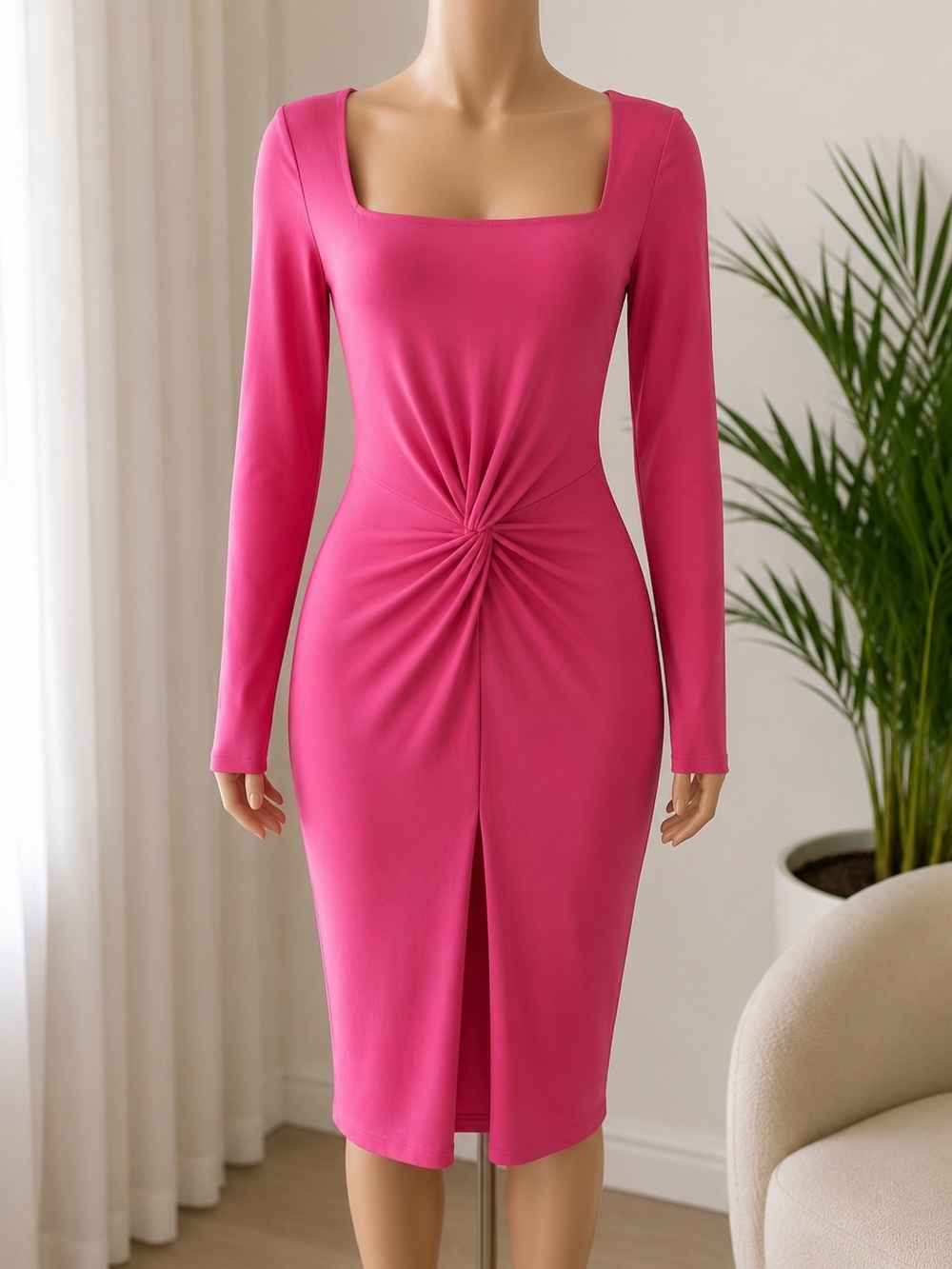 Pink Twist Front Bodycon Dress | Long Sleeve | Shein | Size L